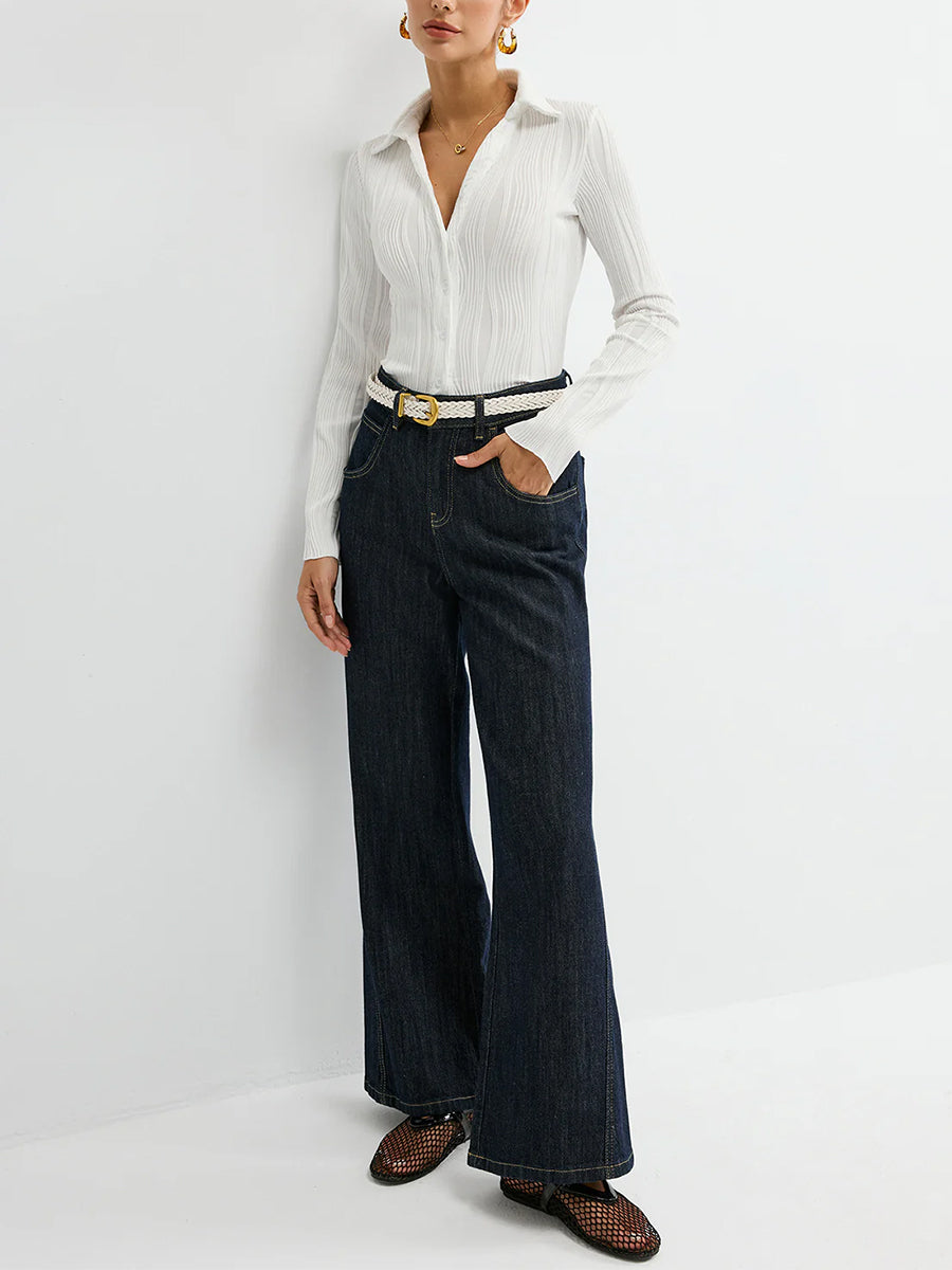 Fashion White Textured Shirt Collar Button Long Sleeve Blouse