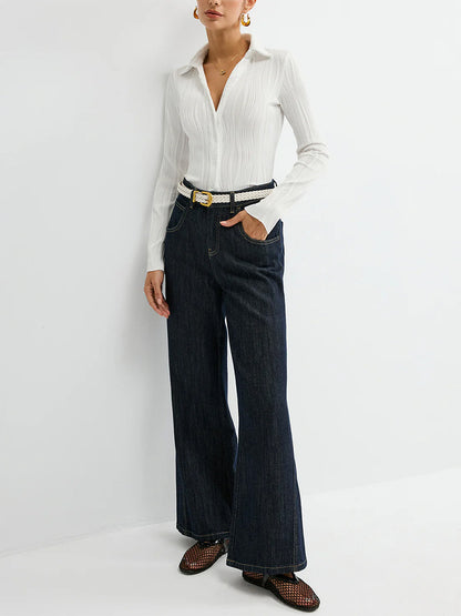 Fashion White Textured Shirt Collar Button Long Sleeve Blouse