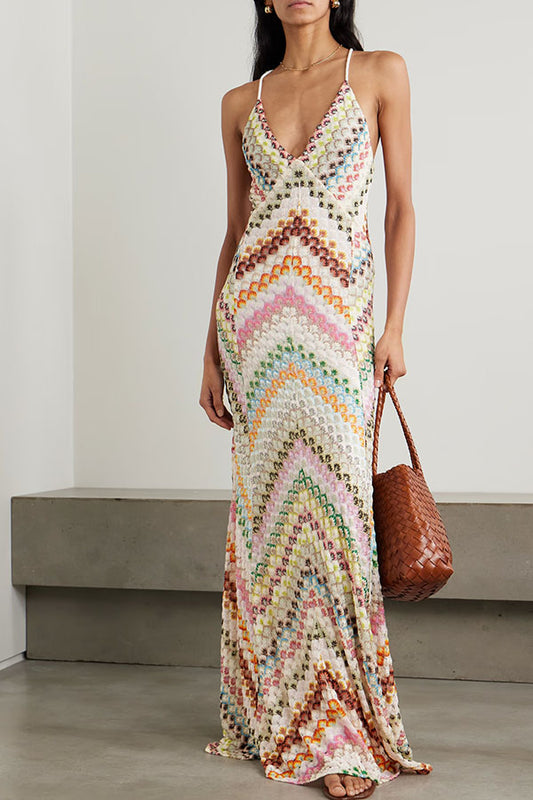 Missoni Summer Knit Colorful Herringbone Print Open Beck Maxi Dress