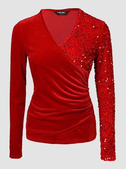 Party Velvet Red V Neck Long Sleeve Contrast Elegant Sequin Blouses