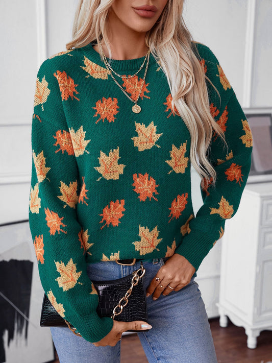 Maple Leaf Pattern Jacquard Casual Pullover Sweater for Women