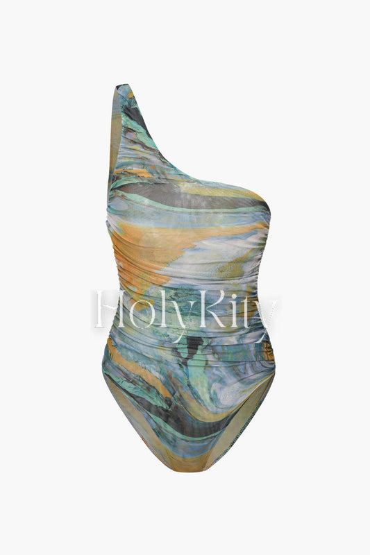 Oil Painting One Shoulder Mesh One-piece Swuimsuit