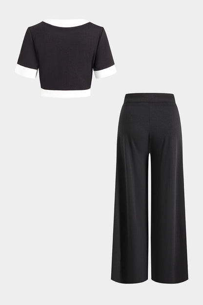 Contrast Metallic Button Short-Sleeve Shirt And Wide Leg Trousers Set