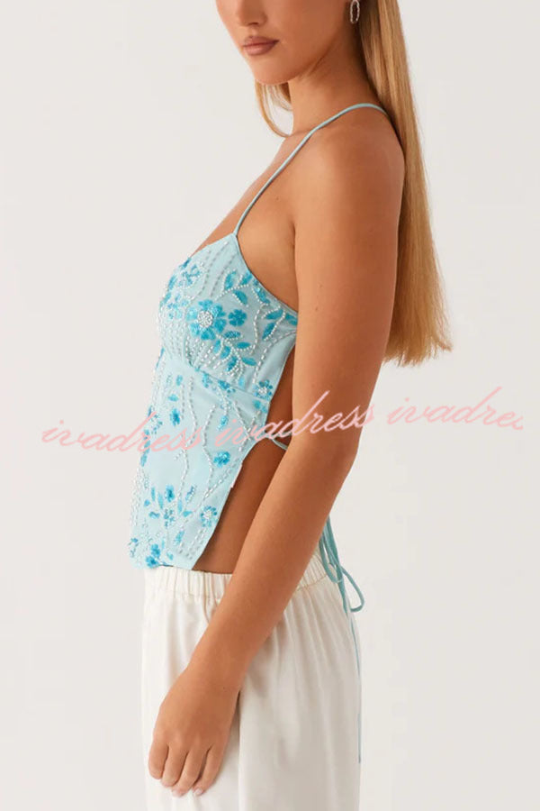 Dazzling Sequin Beaded Material Back Lace-up Loose Tank