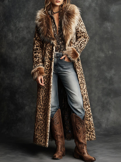sheenchic Daily Brown Turndown Collar Long Sleeve Contrast Vintage Faux Fur Coat