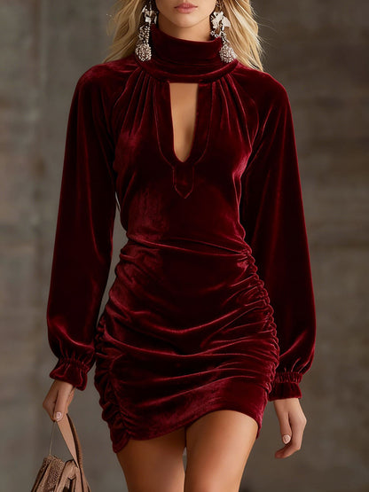 Daily Pink High Collar Long Sleeve Ruffled Elegant Bodycon Velvet Mini Dresses