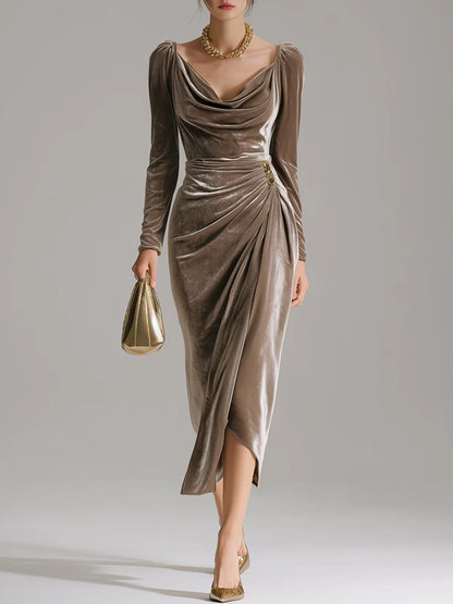 Christmas Red Cowl Neck Long Sleeve Fold Elegant Velvet Midi Dresses