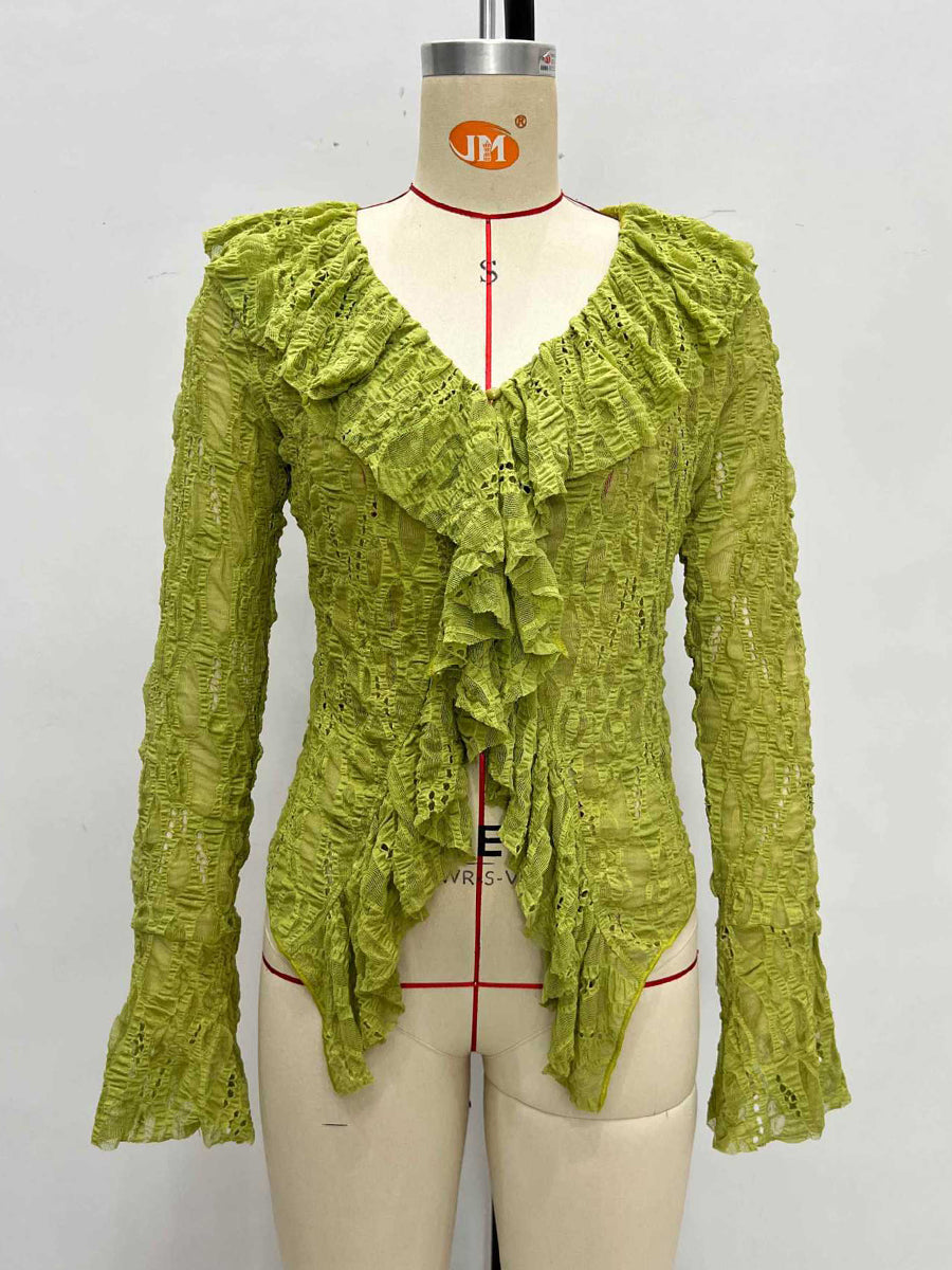sheenchic Daily Sage Green V Neck Long Sleeve Ruffle Casual Lace Blouses