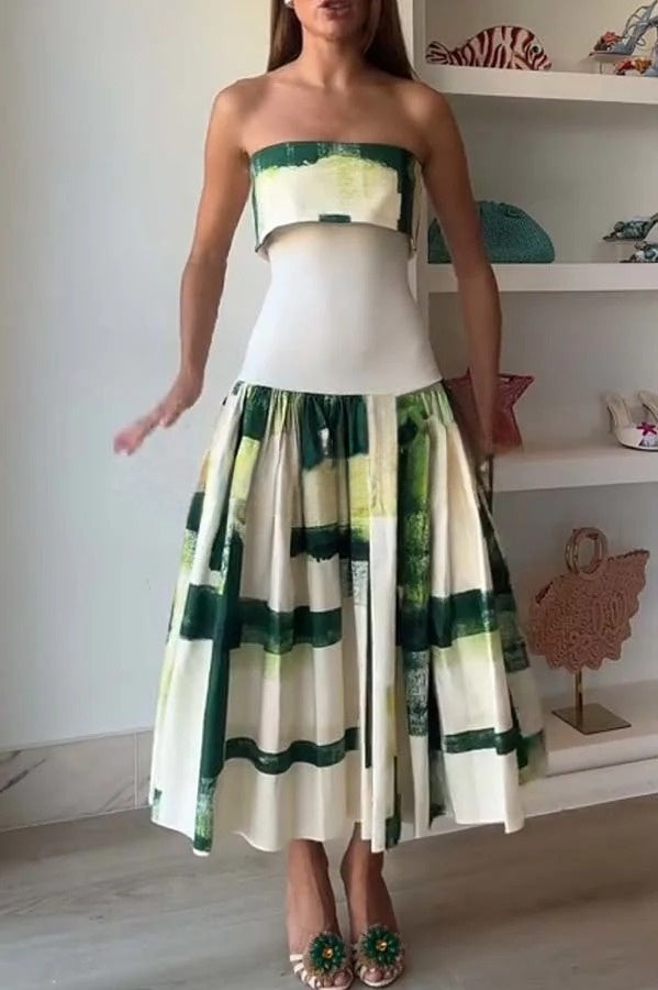 Robia Unique Print Ribbed Elastic Waist Pocketed Strapless Midi Dress