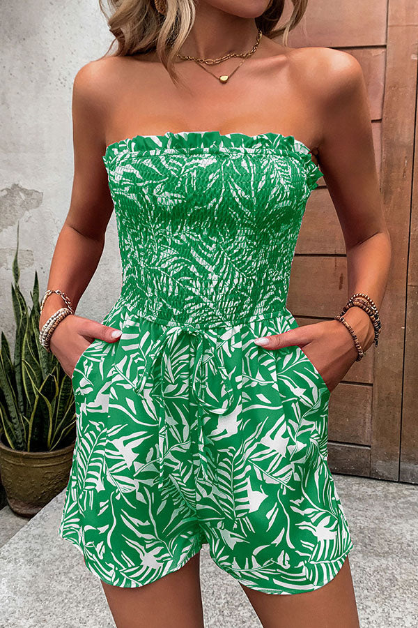 Plant Print Tube Top Lace-up Pleated Casual Rompers