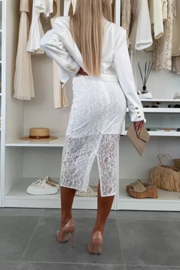 Lesia Floral Lace High Rise Slit Stretch Midi Skirt