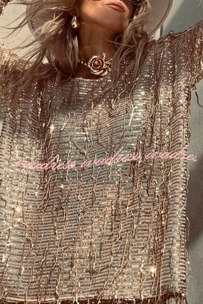 Fashion Sequin Round Neck Long Sleeve Tassel Top and Elastic Waist Casual Shorts Set