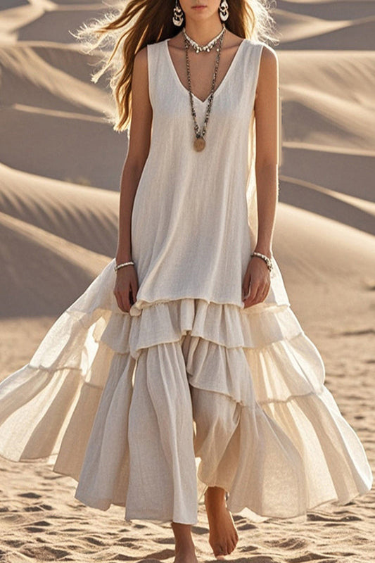 Vestido midi holgado sin mangas con escote en V y dobladillo completo en mezcla de lino 