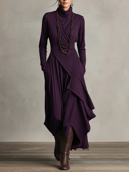 Daily Purple Mock Neck Long Sleeve Pocket Casual Asymmetric Hem Midi Dresses