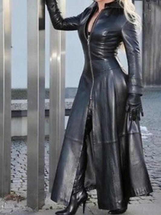 Casual PU Leather Stand Collar Zipper Solid Trench Coat