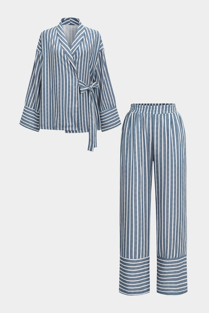 Stripes Print Tie-Up Long-Sleeve Shirt And Trousers Set