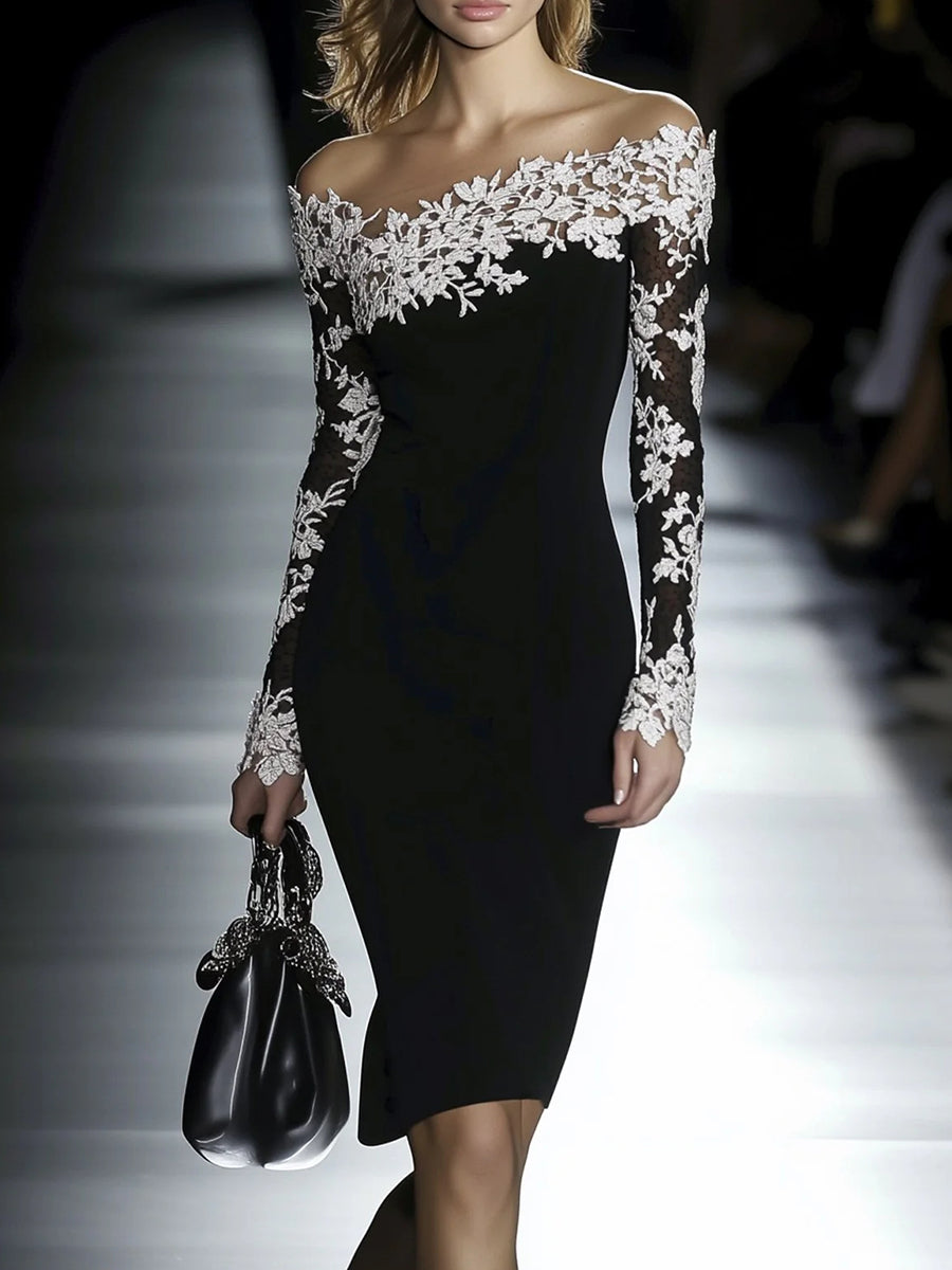 Cocktail Party Black Off The Shoulder Long Sleeve See Through Boho Contrast Lace Midi Dresses