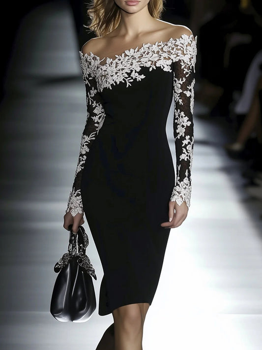 Cocktail Party Black Off The Shoulder Long Sleeve See Through Boho Contrast Lace Midi Dresses