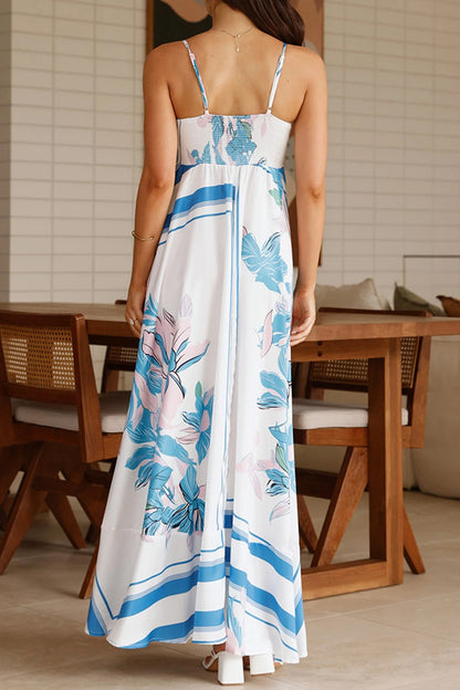 Vestido largo holgado plisado con cuello cuadrado y halter con estampado botánico 