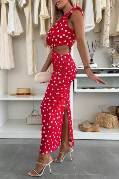 Roxane Polka Dot Print Shoulder Pad Metal Cutout Waist Slit Stretch Maxi Dress