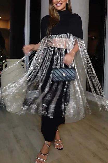 New Level Shiny Tassel Stand Neck Crop Cape Blouse