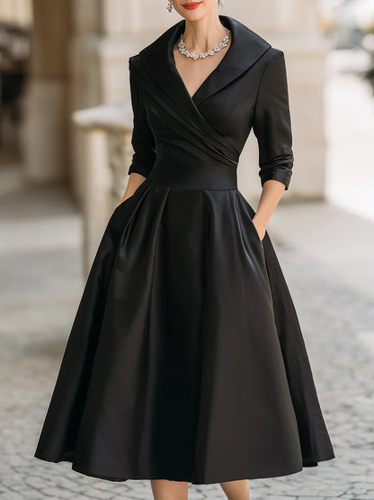 Business Casual Black Cascade Front Long Sleeve Ruffled Elegant Satin Midi Dresses