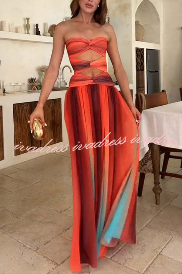 Vestido largo de vacaciones con hombros descubiertos, aberturas torcidas y estampado de malla Sardinia Sunset