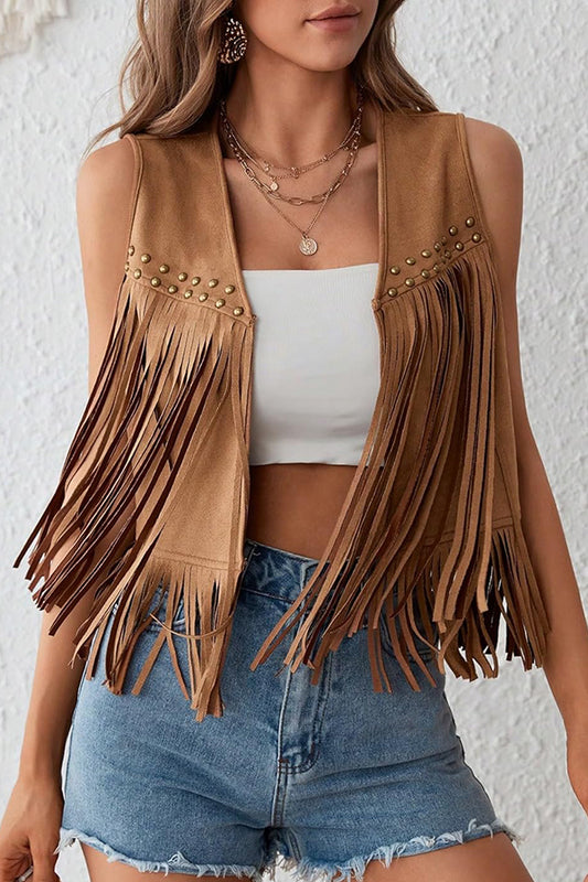 Stylish Suede V-neck Sleeveless Casual Studded Tassel Vest