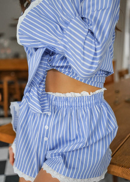 Blue Stripe 2-Piece Set – Long Sleeve Shirt & Lace-Trim Shorts