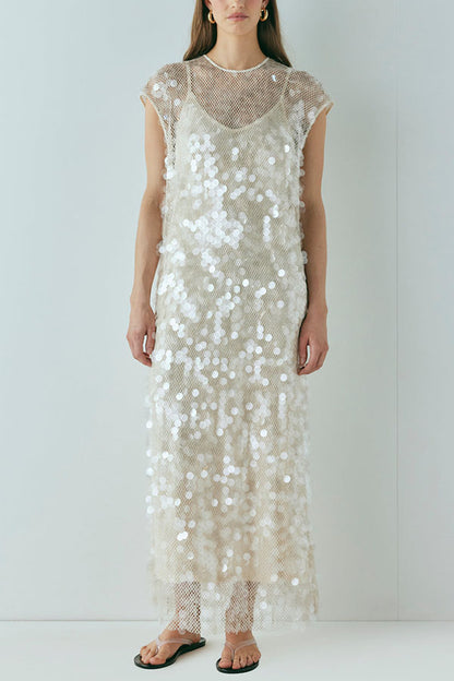 Like Gelato Sheer Large Sequin Short Sleeve Cover-up Maxi Dress