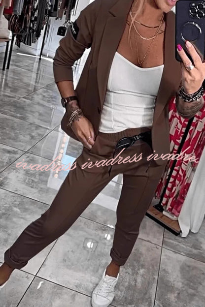 Smart Casual Lapel Blazer and Elastic Waist Tie Pocket Pants Set