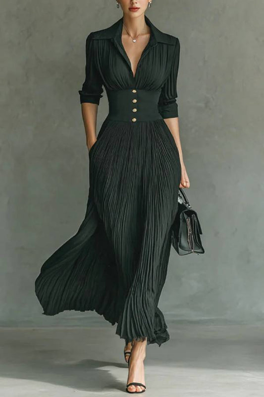 Elegant Pleated Lapel Waisted Long-sleeved Maxi Dress
