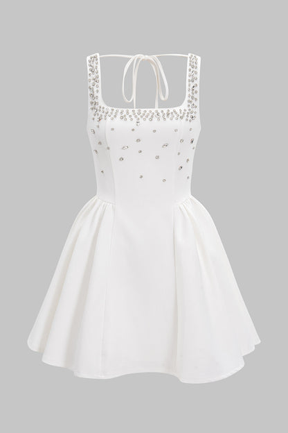 Square Neck Rhinestone Ruched Sleeveless Mini Dress