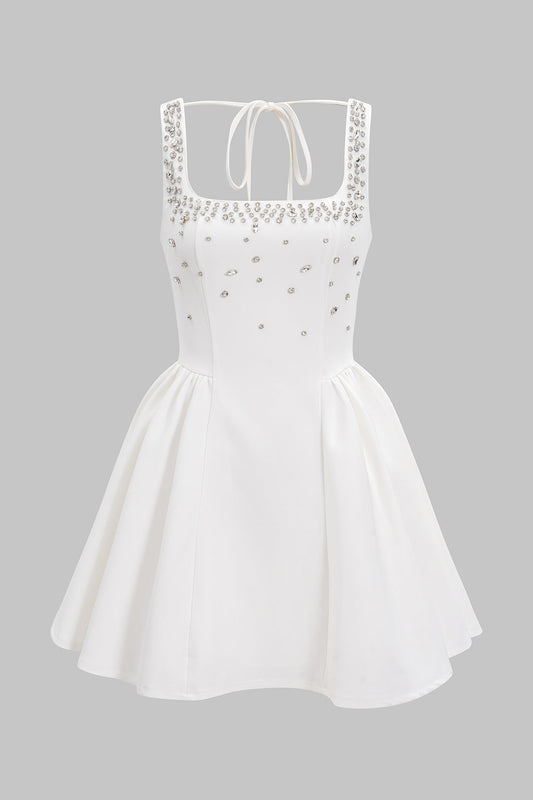 Square Neck Rhinestone Ruched Sleeveless Mini Dress