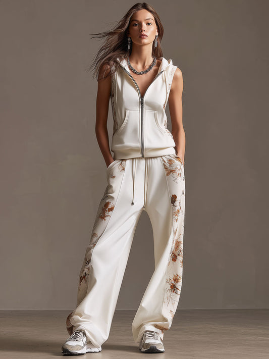 Sporty Retro Floral Velvet Patchwork White Sleeveless Hooded Sweatshirt And Pants Set