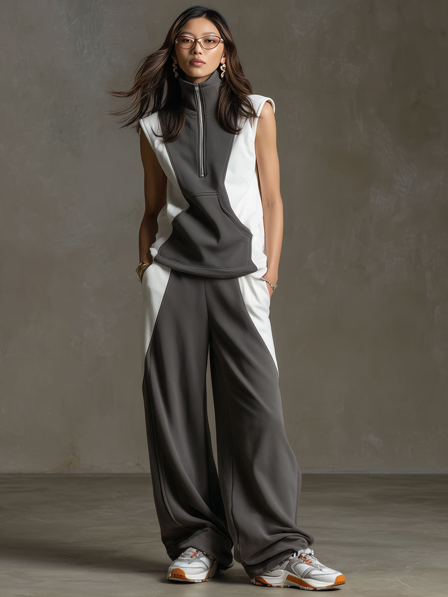 Retro Gray And White Sleeveless Sweatshirt And Wide-leg Pants Set