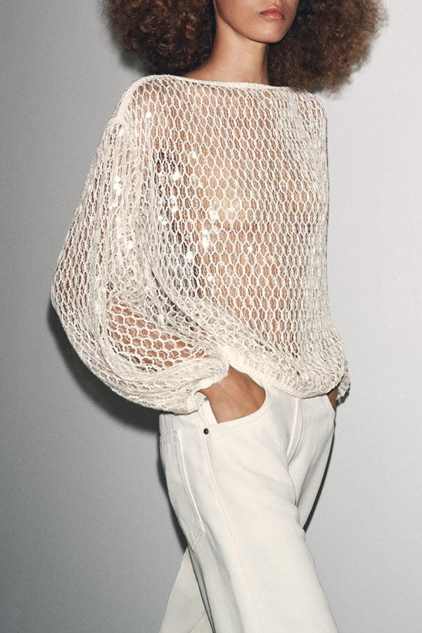 Maja Knit Sequin Hollow Out Wide Neck Balloon Sleeve Loose Cover-up Top