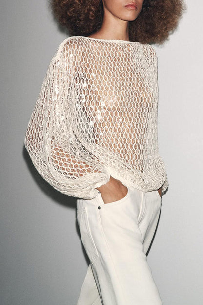 Maja Knit Sequin Hollow Out Wide Neck Balloon Sleeve Loose Cover-up Top