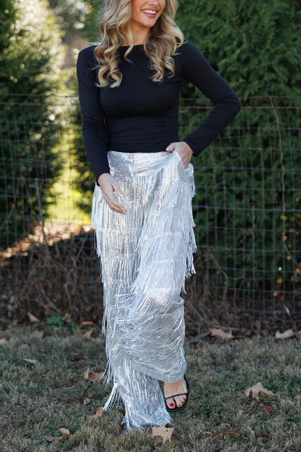 Music Festival Sequin Layered Tassels Mid Rise Pocket Loose Party Pants