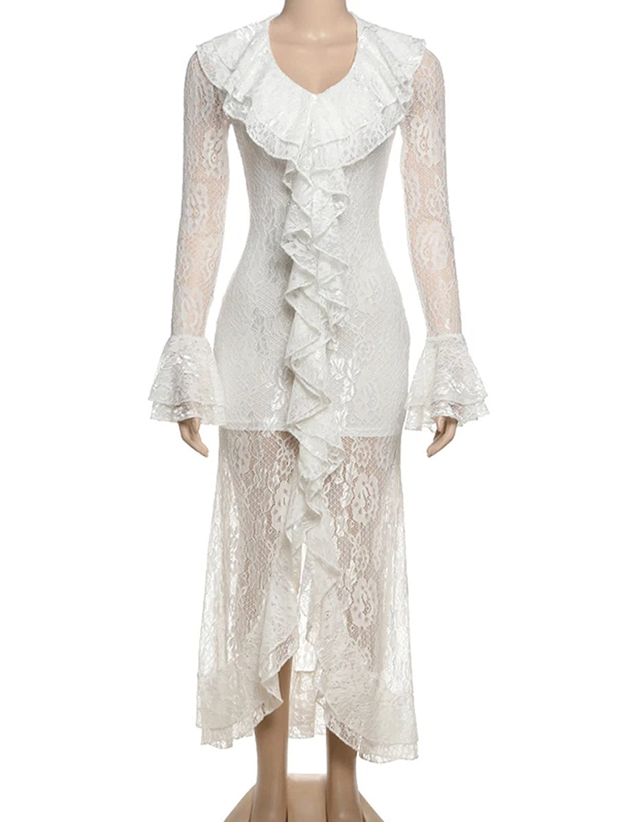 Daily White V Neck Long Sleeve Ruffle Casual Asymmetric Hem Lace Midi Dresses