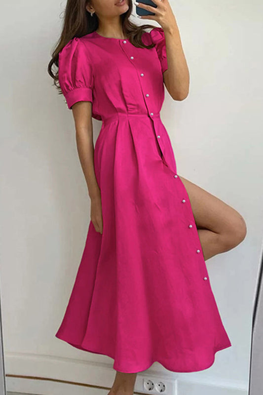 Elegante vestido de talle alto con abertura y largo medio para uso diario 