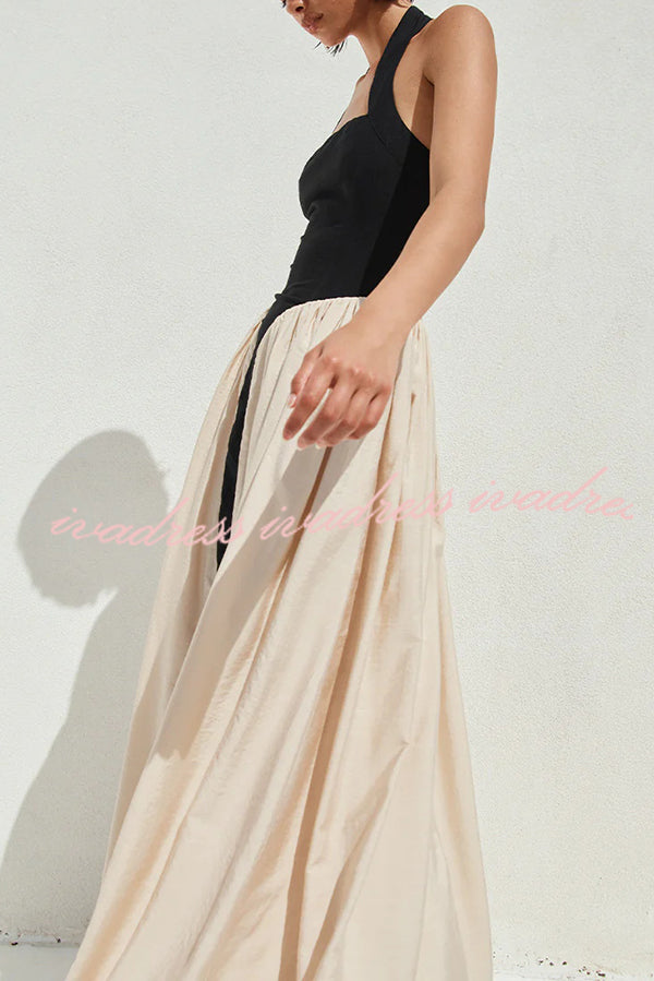 Fashion Contrast Color Stitching Sleeveless Backless Slim Maxi Dress