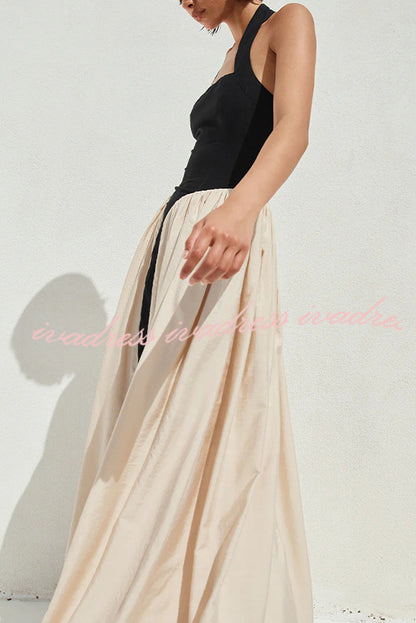 Fashion Contrast Color Stitching Sleeveless Backless Slim Maxi Dress