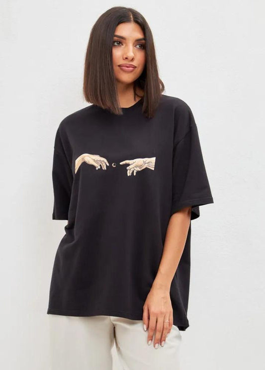 Divine Touch Graphic Tee - Black Oversized Cotton T-Shirt