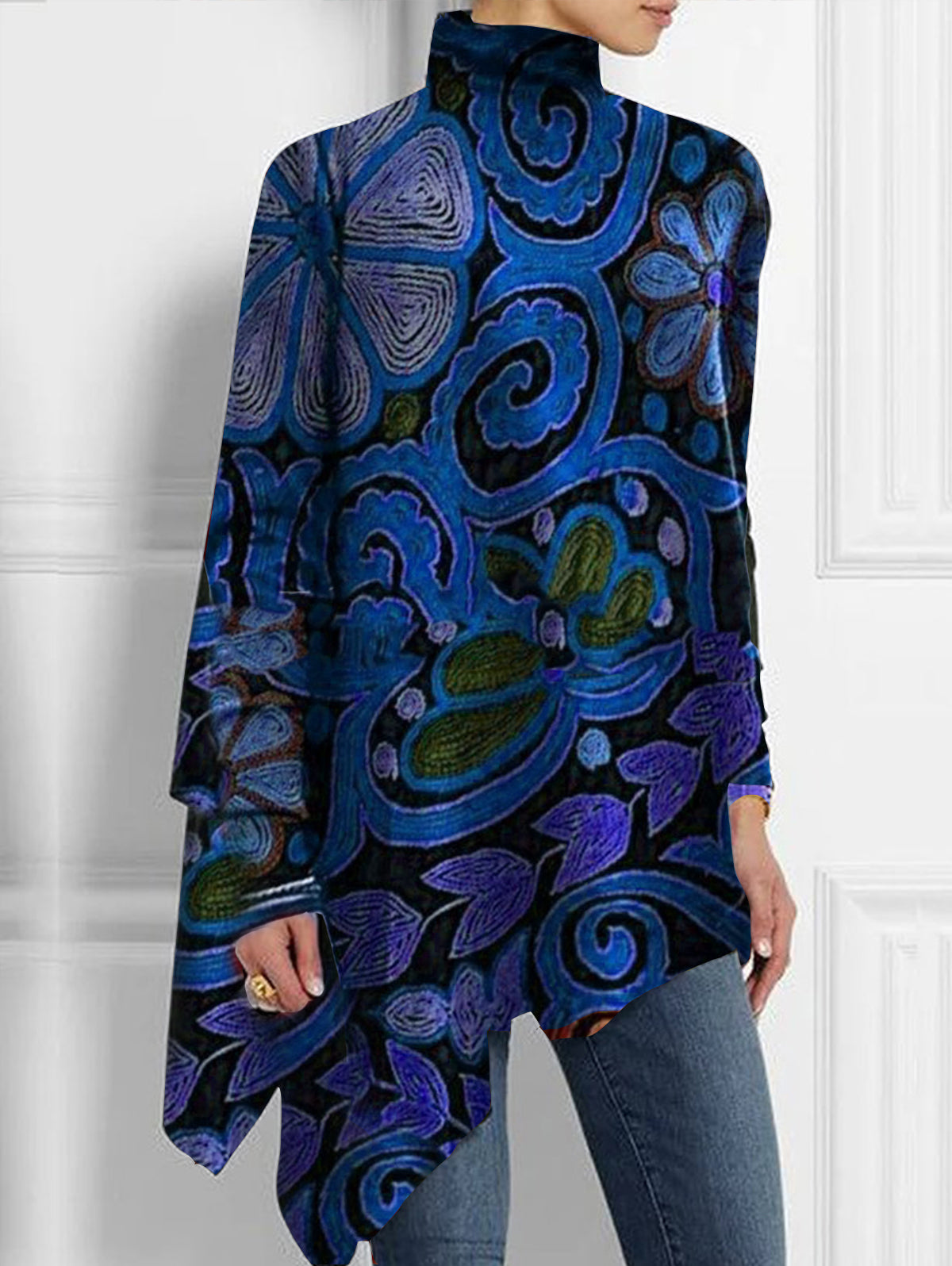 sheenchic Turtleneck Allover Floral Print Asymmetrical Hem Top