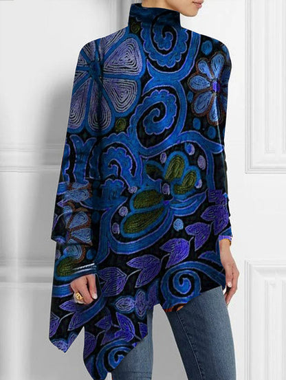 sheenchic Turtleneck Allover Floral Print Asymmetrical Hem Top