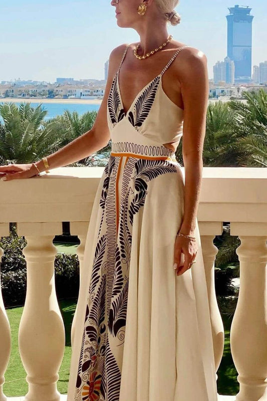 Classic Unique Printed Iinen Sexy V-Neck Bow Tie Waist Maxi Dress