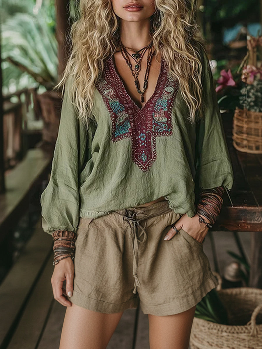 Vacation Burgundy Floral V Neck Lantern Sleeve Long Sleeve Contrast Vintage Linen Blouses