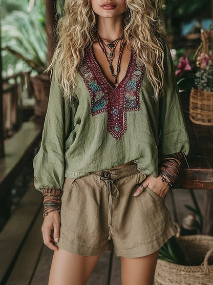 Vacation Burgundy Floral V Neck Lantern Sleeve Long Sleeve Contrast Vintage Linen Blouses