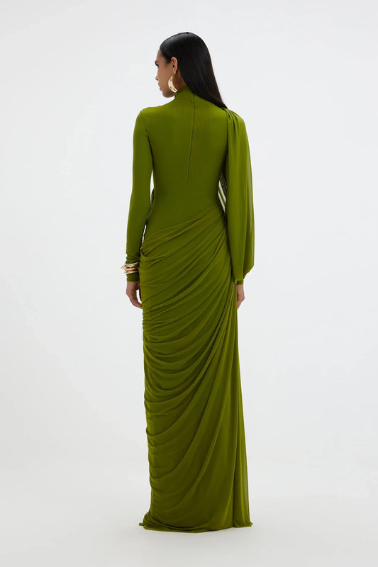 Sculptural Matcha Draped Maxi Dress